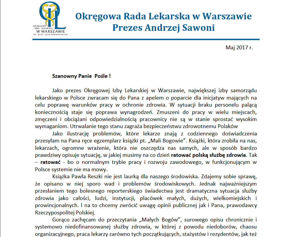 Zdjęcie listu Prezesa Andrzeja Sawoniego do parlamentarzystów